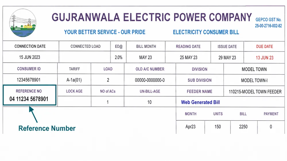 GEPCO bill showing where to find the reference number at the top