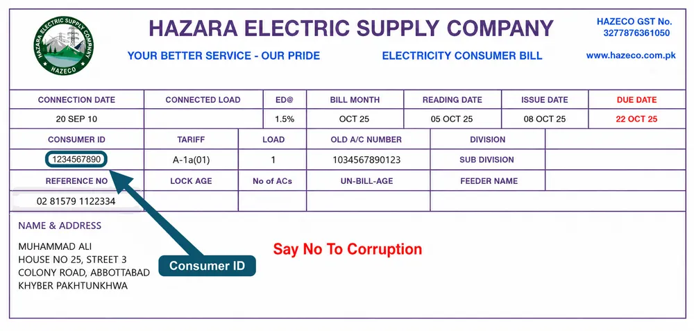 HAZECO bill showing where to find the consumer ID near the reference number