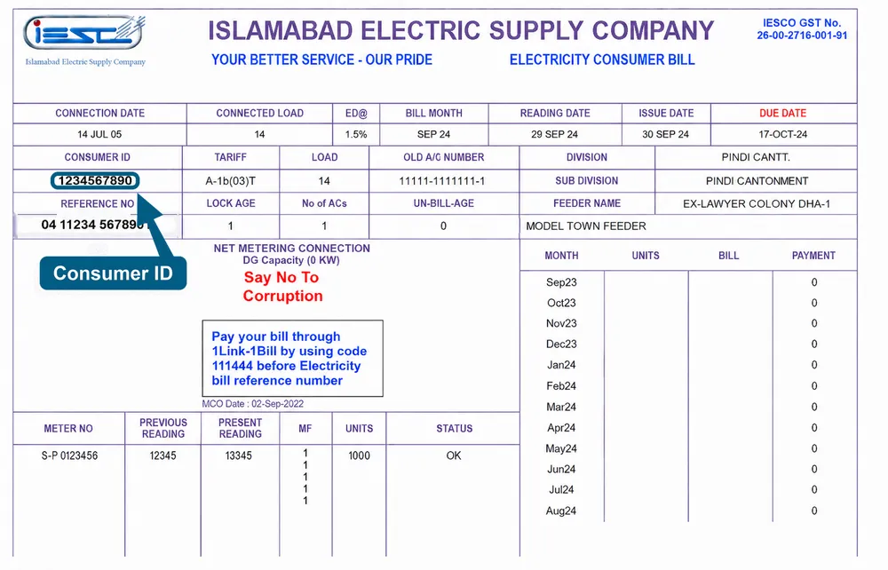 IESCO bill showing where to find the consumer ID near the reference number