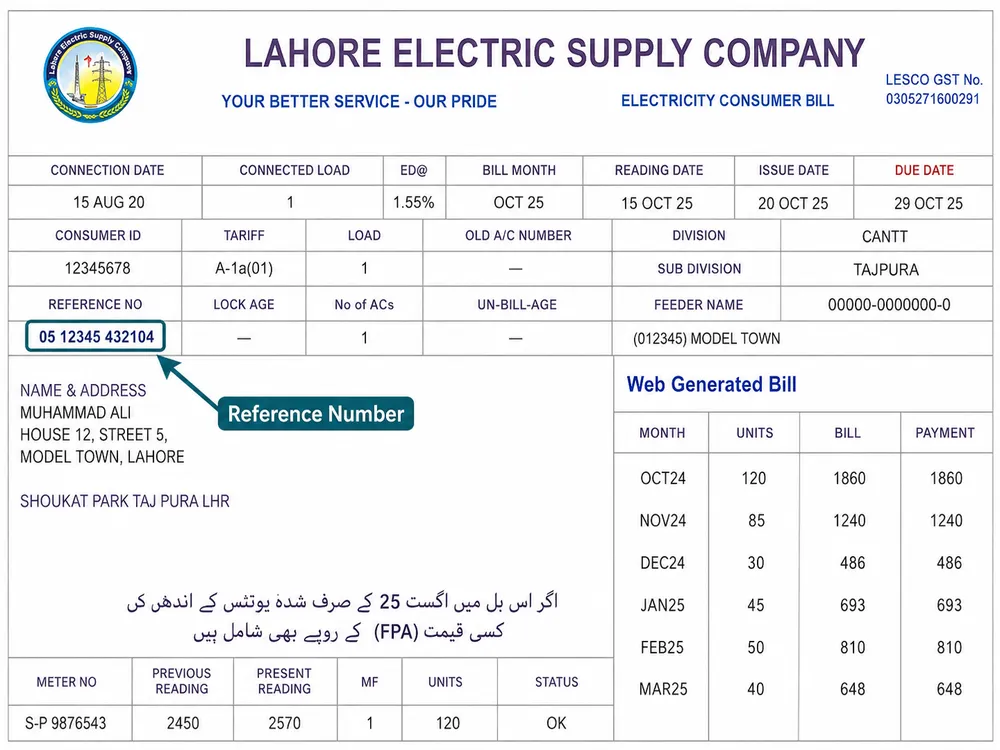 LESCO bill showing where to find the reference number at the top