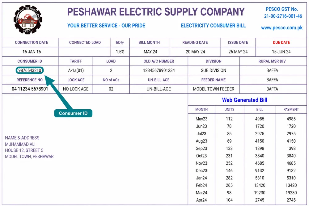 PESCO bill showing where to find the consumer ID near the reference number