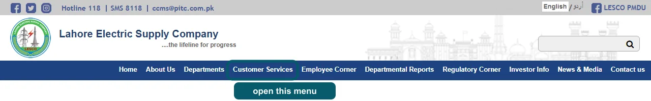 LESCO website navigation with the Customer Services menu highlighted
